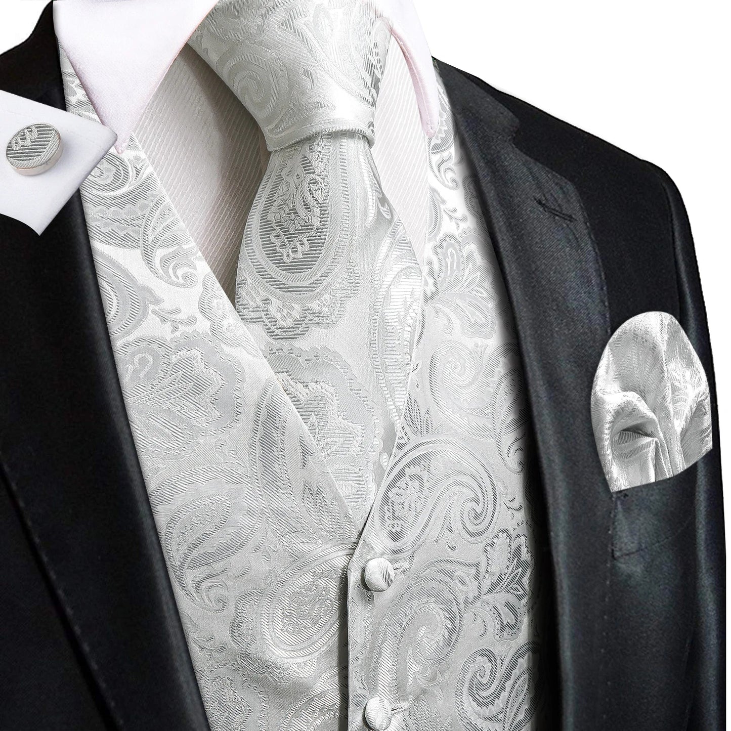 Luxury Mens Waistcoat Tie Set White Black Gray Silver Brown Sleeveless Jacket Suit Vest Necktie Hanky Cufflinks Gift