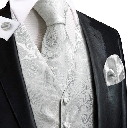 Luxury Mens Waistcoat Tie Set White Black Gray Silver Brown Sleeveless Jacket Suit Vest Necktie Hanky Cufflinks Gift