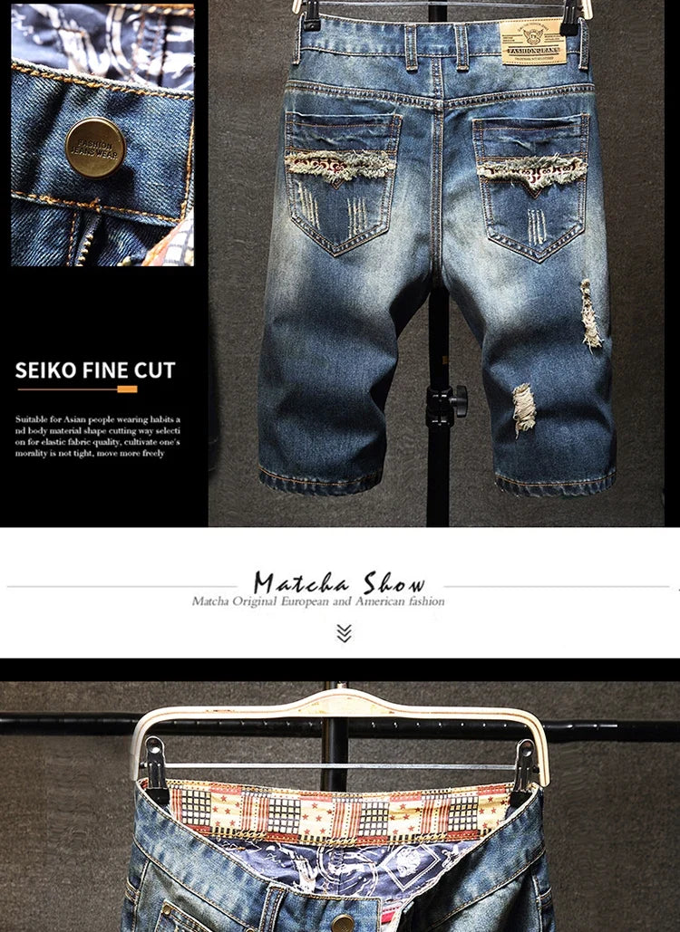 Streetwear Men's Ripped Denim Shorts Straight Slim Fashion Hip Hop Short Pants Big Hole Vintage Knee Length Jeans