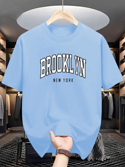 Men's summer 100% cotton fashionable casual loose Brooklyn New York printed sports round neck short sleeved T-shirt top