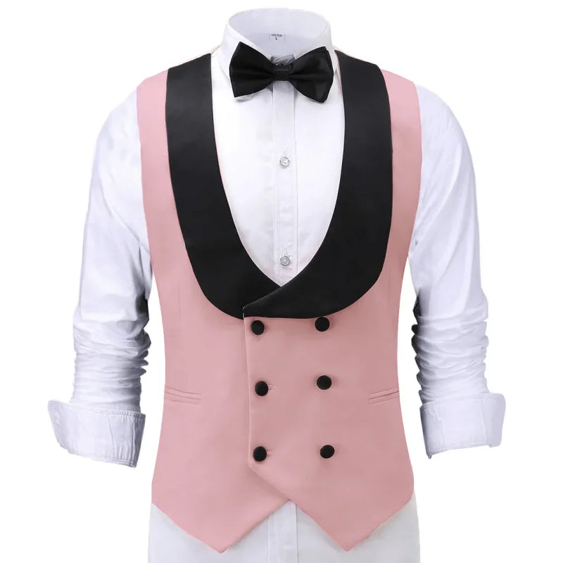 Men Vest Beige With Black Lapel Double Button Waistcoat For Banquet Birthday Wedding Business Work Formal Set Men Suit Vest