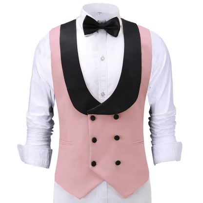 Men Vest Beige With Black Lapel Double Button Waistcoat For Banquet Birthday Wedding Business Work Formal Set Men Suit Vest