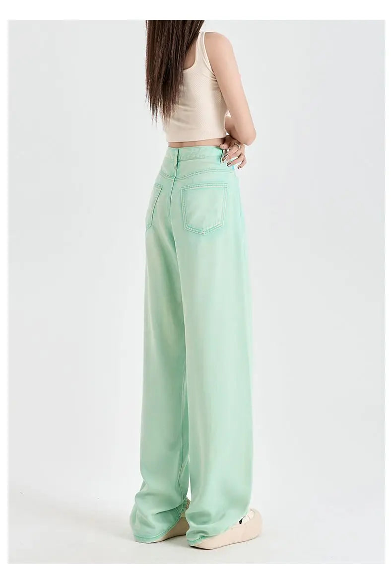 Woman Jeans 100% Lyocell Breathable Denim Wide Leg Towel Sweep drape loose 2025 Summer ice silk Baggy Famale Denim Pants 5 Color