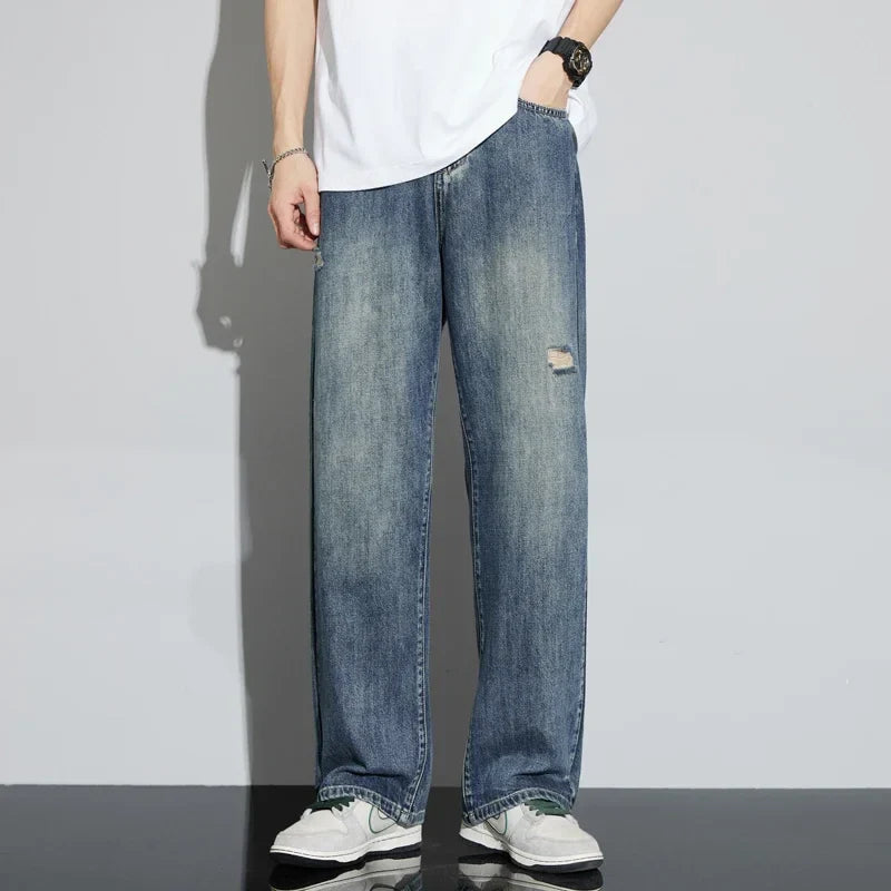 Korea Baggy Jeans Men's Vintage Straight Ripped Y2k Pants Fashion Frayed High Street Distressed Denim Trousers Male Clothes