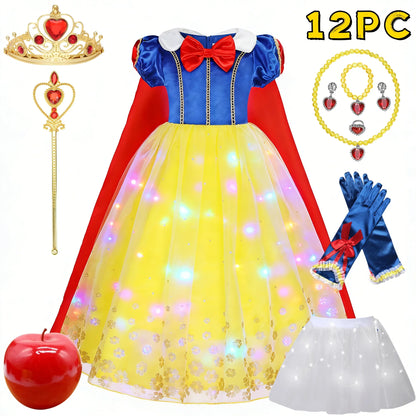 Popular Movie LED Princess Dress, White Snow Dress, With Cape And Headpiece For Halloween Carnival Birthday Party Cosplay