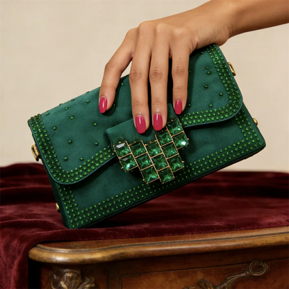 Elegant Green Rhinestone Slingback Heels & Matching Handbag Set by Venus Chan 2026 – Stylish Pointed Toe Design for Women