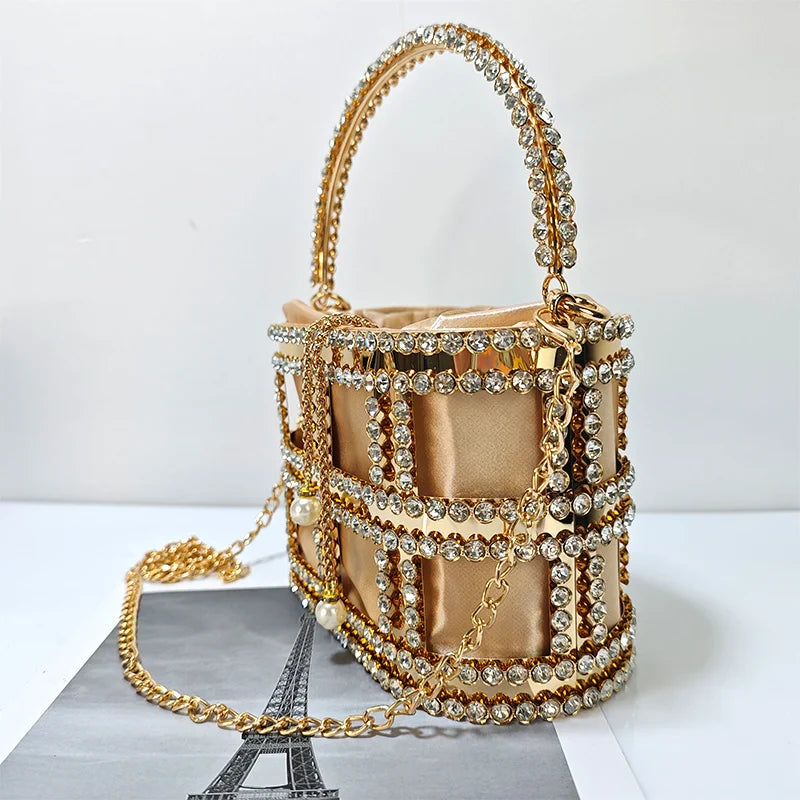 Ladies Rhinestone Evening Bag Fashionable Banquet Luxury Designer Handbag Metal Unique Bucket Versatile Women Tote Bag
