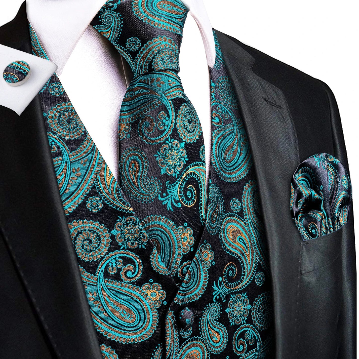 Formal Rose Pattern Paisley Plain Solid Mens Vest Party Wedding Waistcoat Pocket Square Tie  Hankie Suit Set