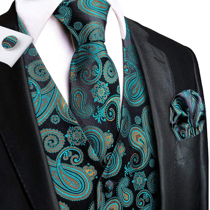 Formal Rose Pattern Paisley Plain Solid Mens Vest Party Wedding Waistcoat Pocket Square Tie  Hankie Suit Set