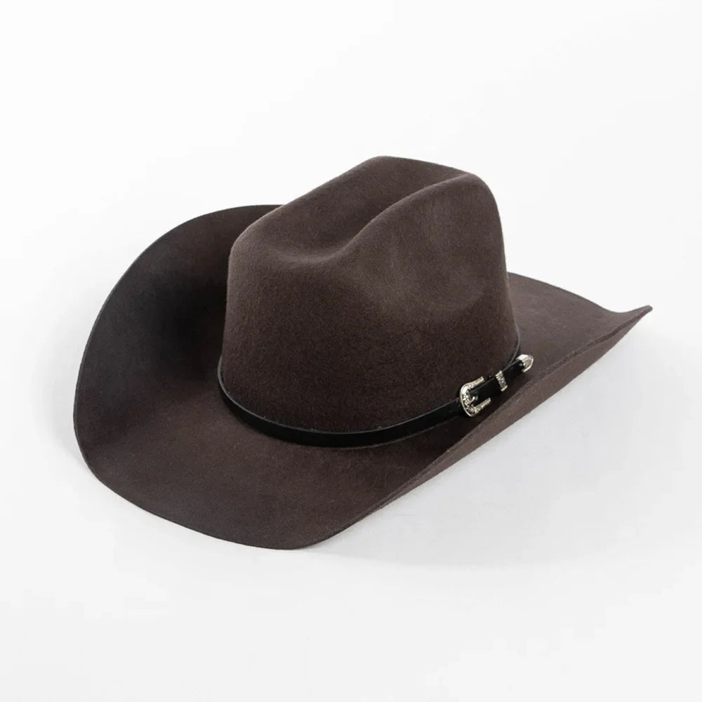 New Autumn Winter Women Fedoras with Belt Buckle Wide Brim Rolled Wool Cowboy Hat M L Size Obtainable
