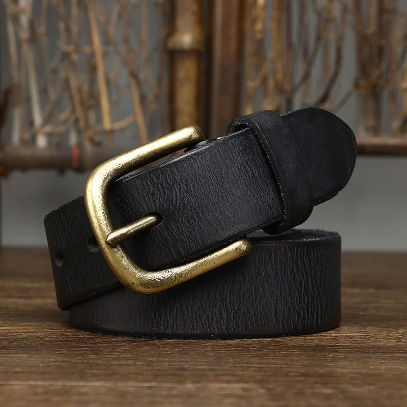 3.3CM Genuine Leather Belt Men Luxury Strap Male Fashion Pure Cowhide Copper Buckle Wild Classic Retro Pin Buckle High Quality