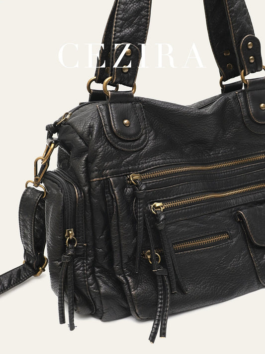 Vintage Women Unisex Brush-off Color Washed PU Vegan Leather Zip Pockets Shoulder Cross body Bag Large Retro Casual Daily Travel