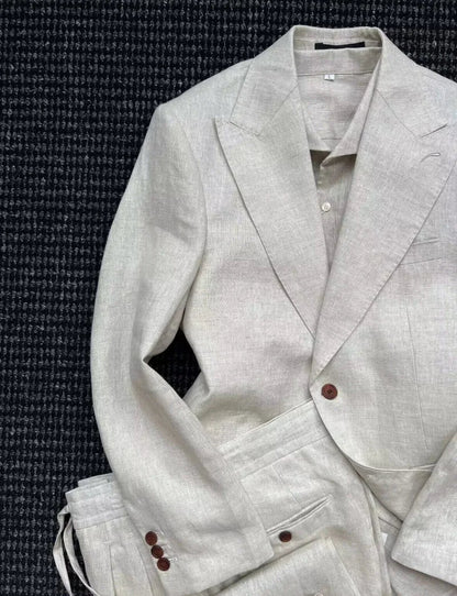 British Style Mens Linen Thin Suit Sets Slim Single Breasted Retro Blazers Pant Outfits Spring Summer Male Coat Two-Piece Set