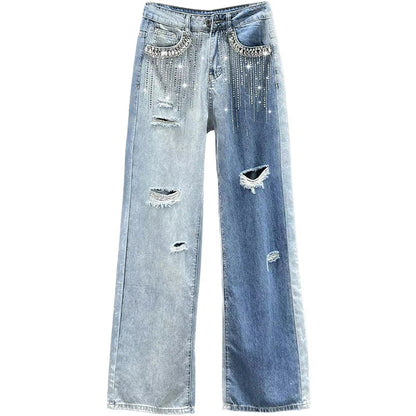 High Waist Wide Leg Jeans Women's Summer Loose Slimming Diamond Embedded Long Pants Break Hole Denim Pants Hong Kong Sle ...