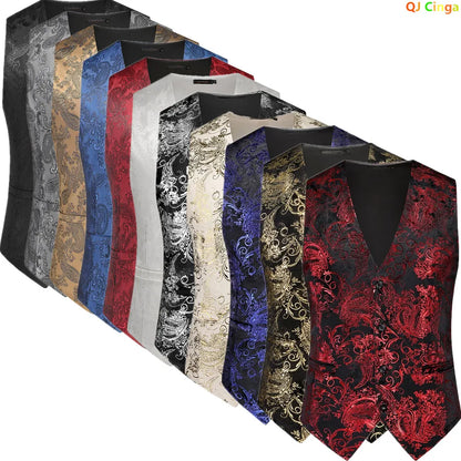2026 New Mens Gold Steampunk Vest, Asian Size Blue Sleeveless Slim Dress Vests, Red Silver Waistcoat