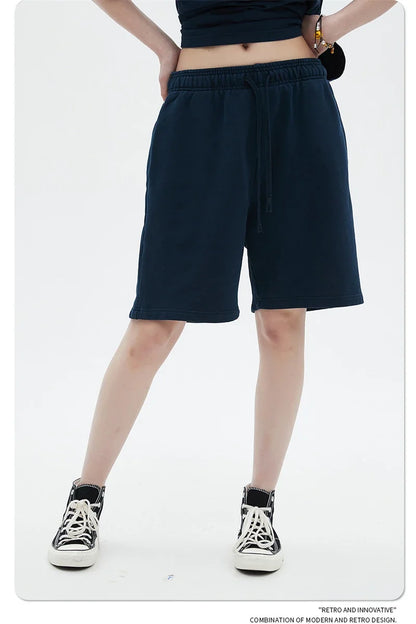 Fashion Summer Men 420gsm Washed Cotton Shorts Retro Unisex High Street Terry Knee Length Short Pants Streetwears HY0845