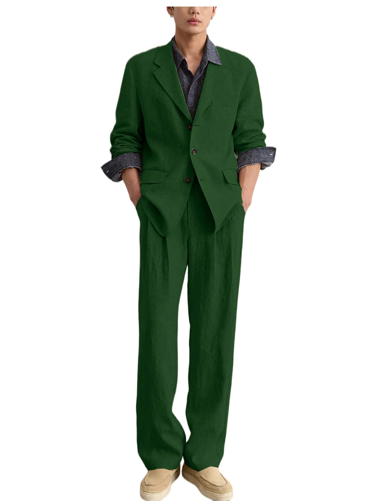 Men's Linen 2 Piece Set Notched Lapel Loose Fit Blazer Wide Leg Trousers Lightweight Breathable Spring Business Casual DailyWear