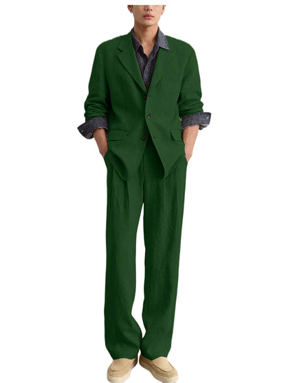 Men's Linen 2 Piece Set Notched Lapel Loose Fit Blazer Wide Leg Trousers Lightweight Breathable Spring Business Casual DailyWear