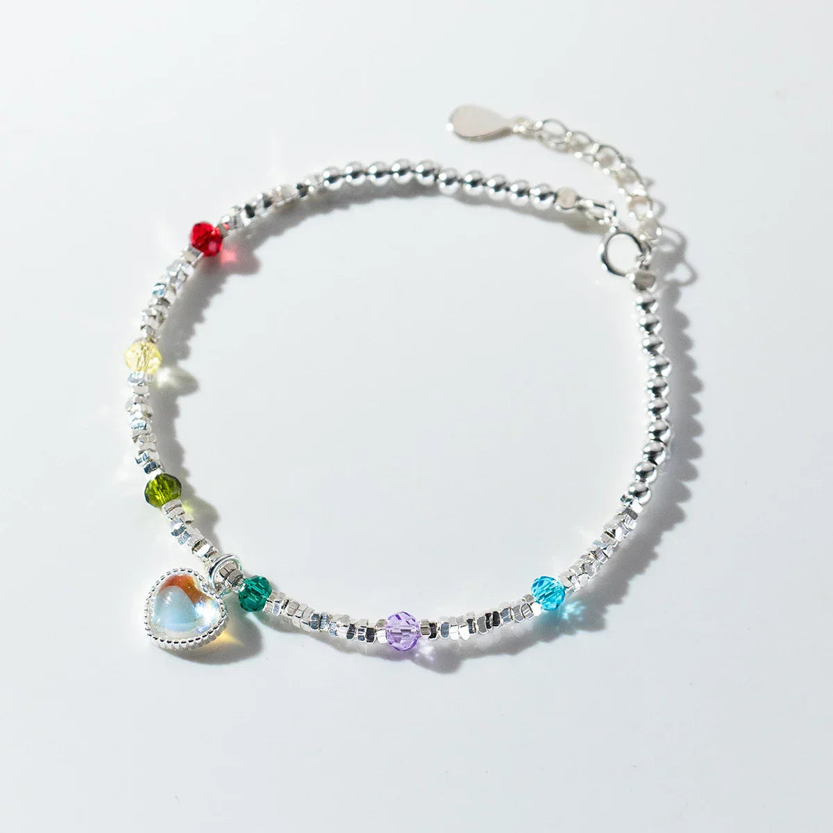 925 Sterling Silver Rainbow Color Crystal Beads Bracelet Charm Heart Moonstone Link Chain Bracelets For Women Jewelry