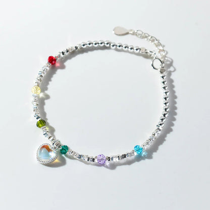 925 Sterling Silver Rainbow Color Crystal Beads Bracelet Charm Heart Moonstone Link Chain Bracelets For Women Jewelry