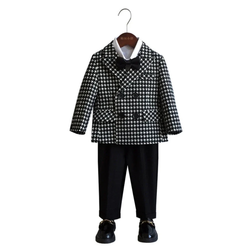 New Arrival Boys Stylish Plaid Suit Set 3 Pieces Jacket Pants Bow-tie Banquet Party Wear Double Breasted Kids Suits 80-150cm