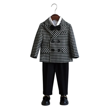 New Arrival Boys Stylish Plaid Suit Set 3 Pieces Jacket Pants Bow-tie Banquet Party Wear Double Breasted Kids Suits 80-150cm