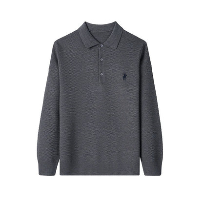 High-end Quality Men's Casual Outdoor Pineapple Pattern Knitted Long-sleeve Polo Shirt (eco-cotton, No Shrinkage No Deformation)