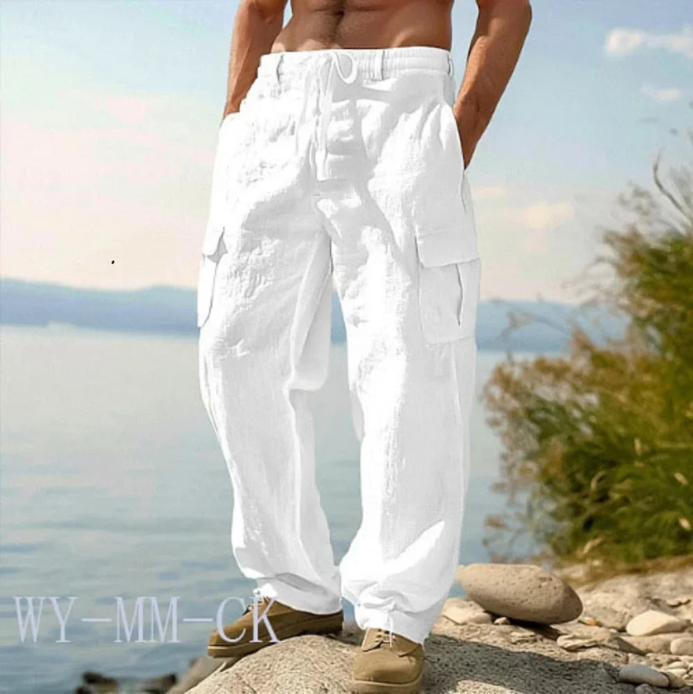 European And American Men's Cotton And Linen Trousers Multi-pocket Work Pants Loose Straight Sportswear And Casual Trousers