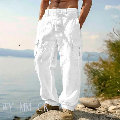 European And American Men's Cotton And Linen Trousers Multi-pocket Work Pants Loose Straight Sportswear And Casual Trousers
