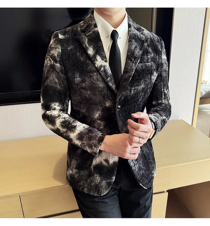 High QualityTie Dye Chenille Men Fashion Casual Suit Jacket Autumn Winter New Korean Slim Fit Social Wedding Suit Blazer