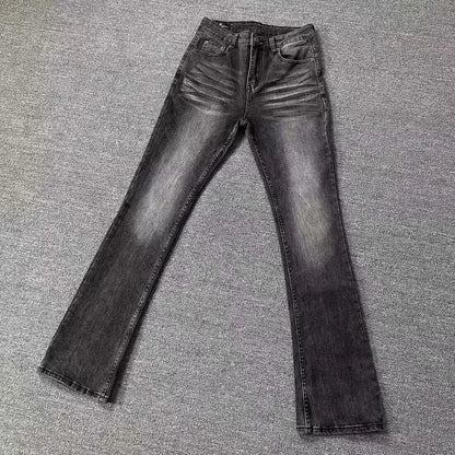 High Street Washed Black Grey Jeans Men Summer Slimming Tall Micro Flared Pants Youth Trendy Long Jeans High Waist