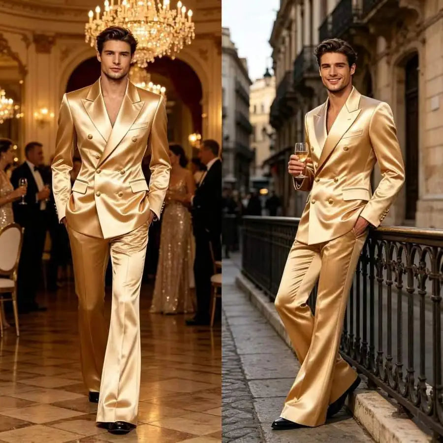 Men's Double Breasted Satin Suit Set 2 Piece Notch Lapel Gold Button Blazer Flare Pants Formal Wedding Prom Party Groom Outfit