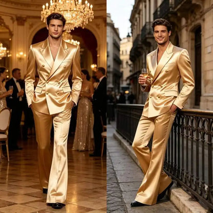 Men's Double Breasted Satin Suit Set 2 Piece Notch Lapel Gold Button Blazer Flare Pants Formal Wedding Prom Party Groom Outfit