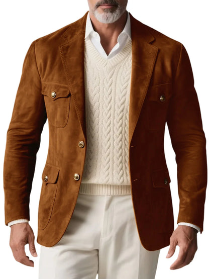 1970s Men's Suede Blazer Retro Slim Fit Two Buttons Multi Pocket High Quality Jacket Fashion Casual Sport Coat For Daily Wear