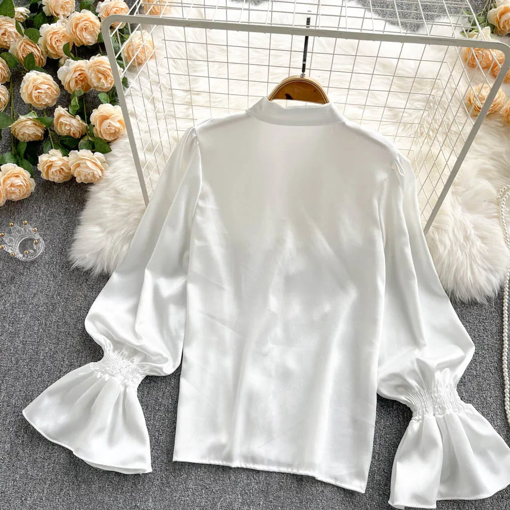 High Quality Satin Loose Shirt Long Flared Sleeves Ruffles O Neck Beading  Women Gentle Office Lady Casual Blouse