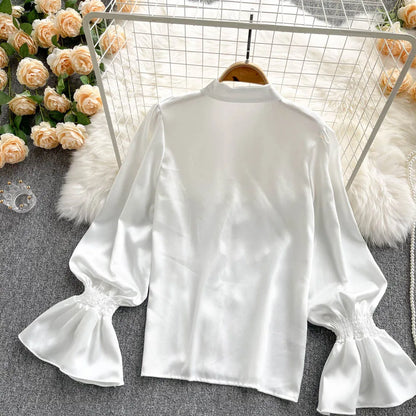 High Quality Satin Loose Shirt Long Flared Sleeves Ruffles O Neck Beading  Women Gentle Office Lady Casual Blouse