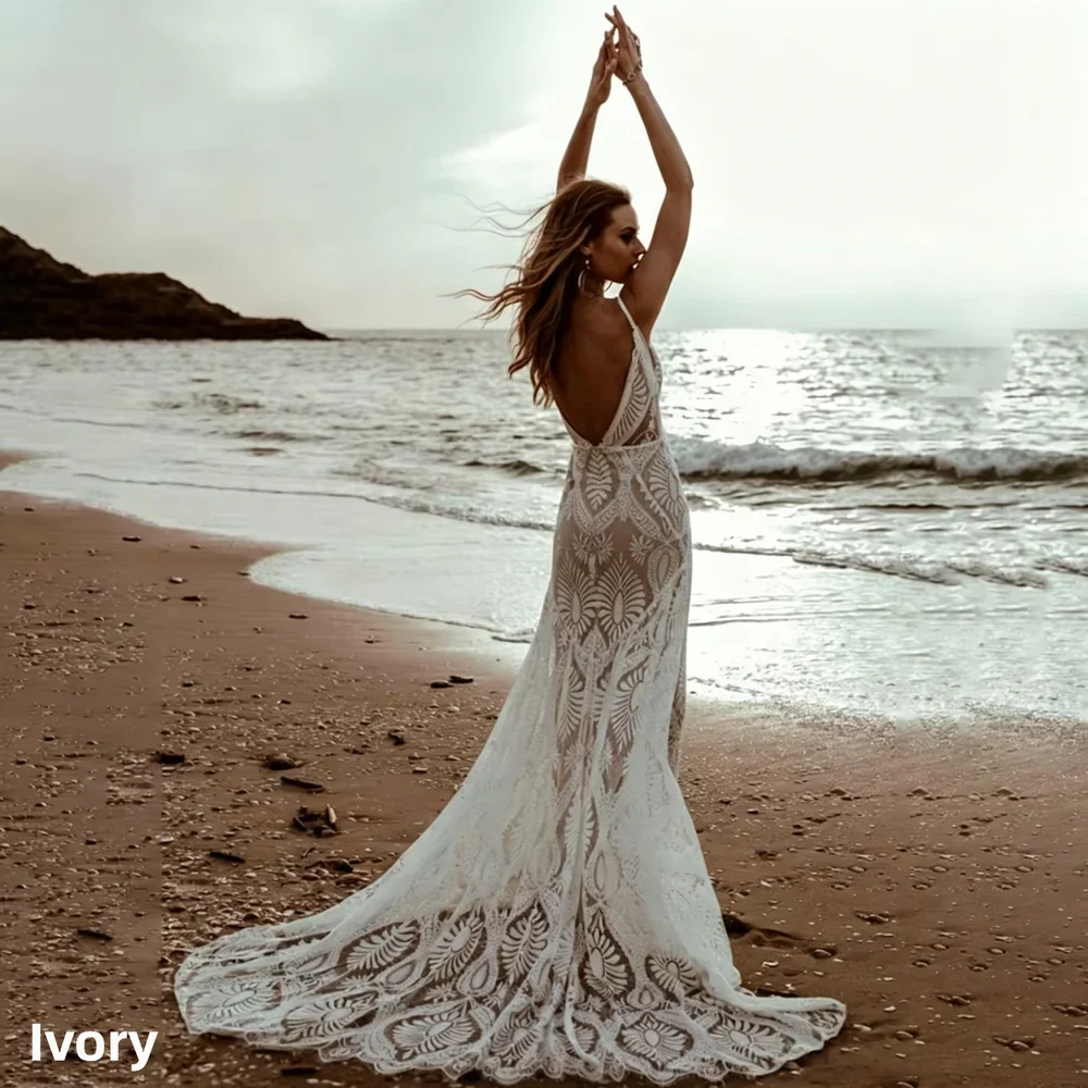 Customized Sexy Lace V Neck Beach Mermaid Wedding Dresses Elegant Spaghetti Straps Bridal Gowns Backless Vestidos De Novia