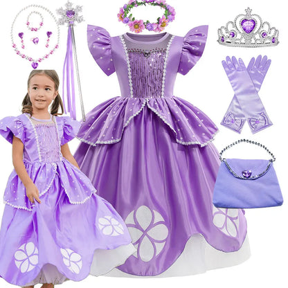 2 3 4 6 8Y Little Princess Sophia Frock Fancy Birthday Sofia Party Dress for Girl Sequined Bodice Flying Sleeve Carnival Costume
