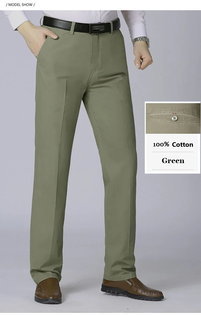Men's Spring Autumn 100% Cotton Middle-aged Business Trousers Straight Slacks High Waist Dad's Thin Thick Casual Male Suit Pants