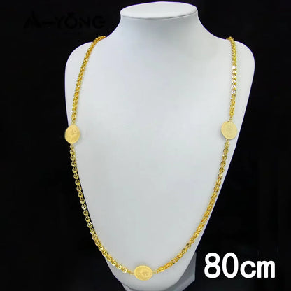 Dubai Bride Wedding Jewelry Long Necklace 21k Gold Plated Turkish Vintage Coins Chains Ethiopian Women Daily Party Jewelly