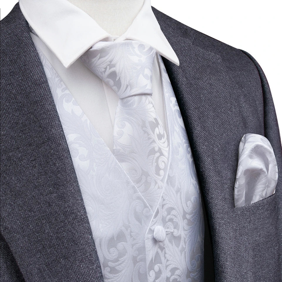 White Scroll Pattern V-Neck Waistcoat 4-In-1 Kit Tie Square Cufflinks For Bridal Shower Outdoor Wedding