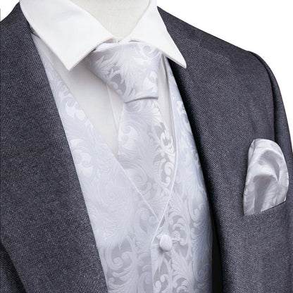 White Scroll Pattern V-Neck Waistcoat 4-In-1 Kit Tie Square Cufflinks For Bridal Shower Outdoor Wedding