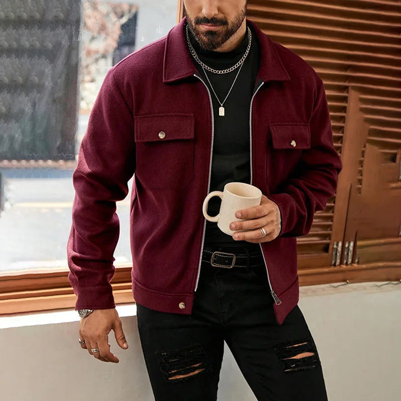 Men's Polyester Brushed Jacket, Lapel Button/Zipper Coat with Pocket, Comfortable Casual Autumn Winter Office Business Wear