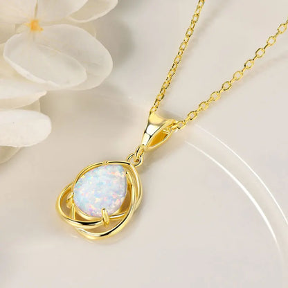 925 Sterling Silver Hollow Pendant Necklace 7*10mm Pear Shape Cut Synthetic Opal Drop Necklaces For Women Wedding Jewelry