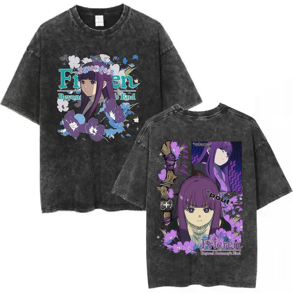 Anime Frieren: Beyond Journey's End Graphic Washed Vintage T-shirt Men's Women Fashion Short Sleeve Cotton Casual Loose T Shirts