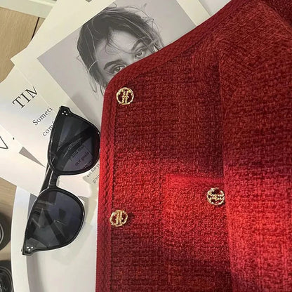 Spring Autumn New Single Breasted Pockets Round Neck Short Women Suit Jackets Long Sleeve Black WineRed Ladie Blazer Tops Trend