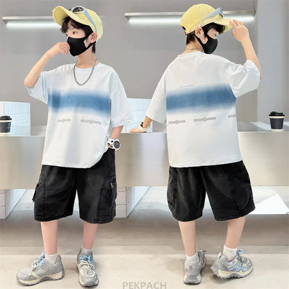 Luxury Children's Summer Clothing Top and Bottom Set For Boys 2PCS Cotton Outerwear Suit Kids School Clothes Tracksuit Age 5-14Y