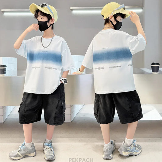 Luxury Children's Summer Clothing Top and Bottom Set For Boys 2PCS Cotton Outerwear Suit Kids School Clothes Tracksuit Age 5-14Y
