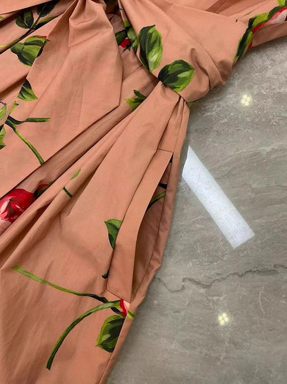 2026 Spring Women's New Fashion Round Neck Sleeveless Cotton Printed Tie a belt Waist cinching Dress