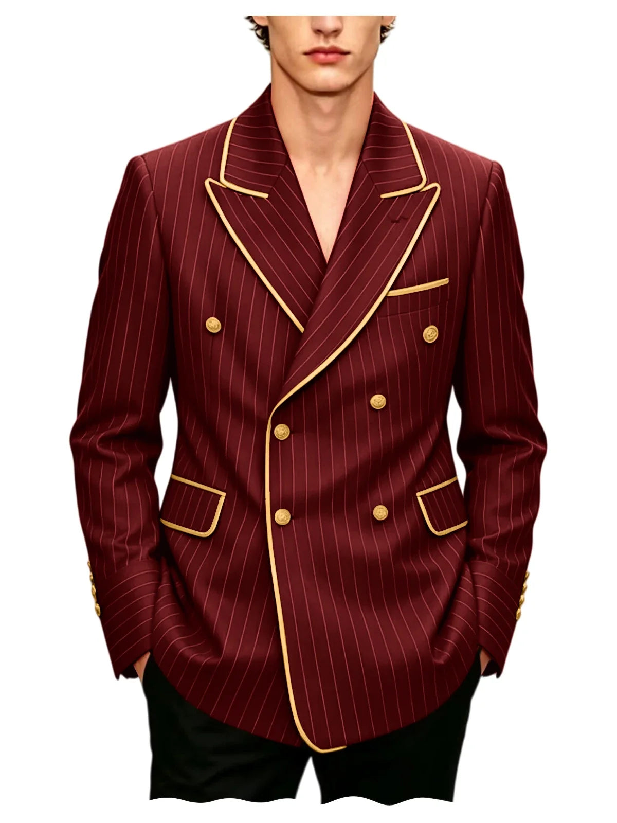 Luxury Men's Pinstripe Blazer Gold Trim Peak Lapel Formal Suit Breathable Lightweight Jacket for Business Party Wedding Coat
